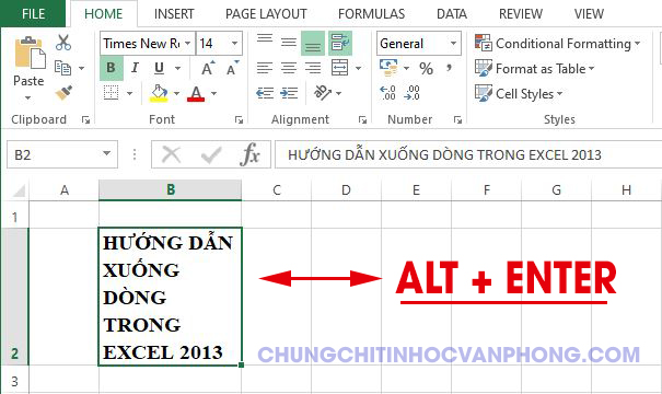 Cách xuống dòng trong Excel 2013