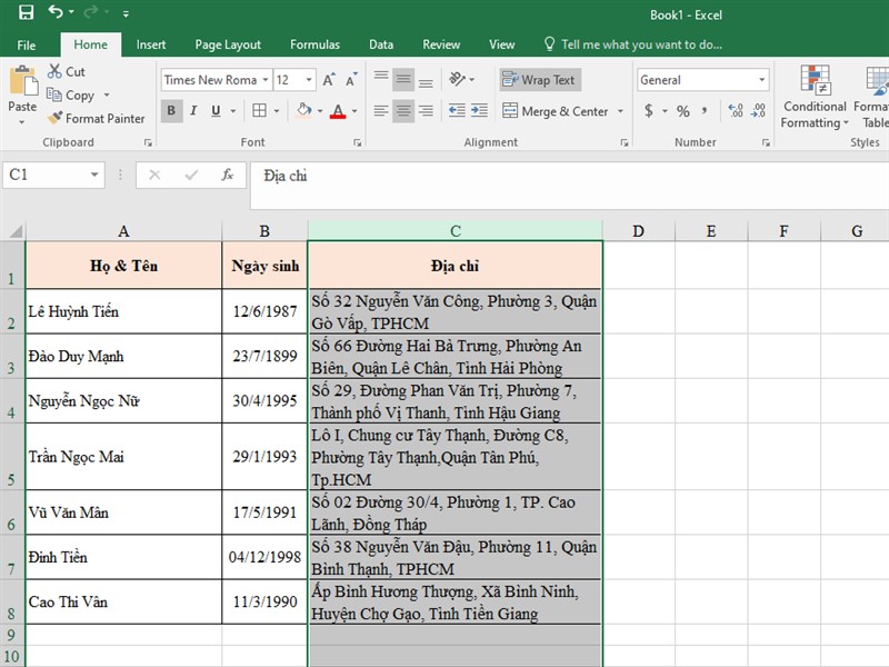 Xuống dòng trong Excel tự động bằng Wrap Text