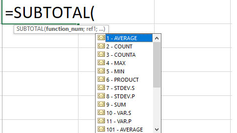 Công thức hàm Subtotal trong Excel